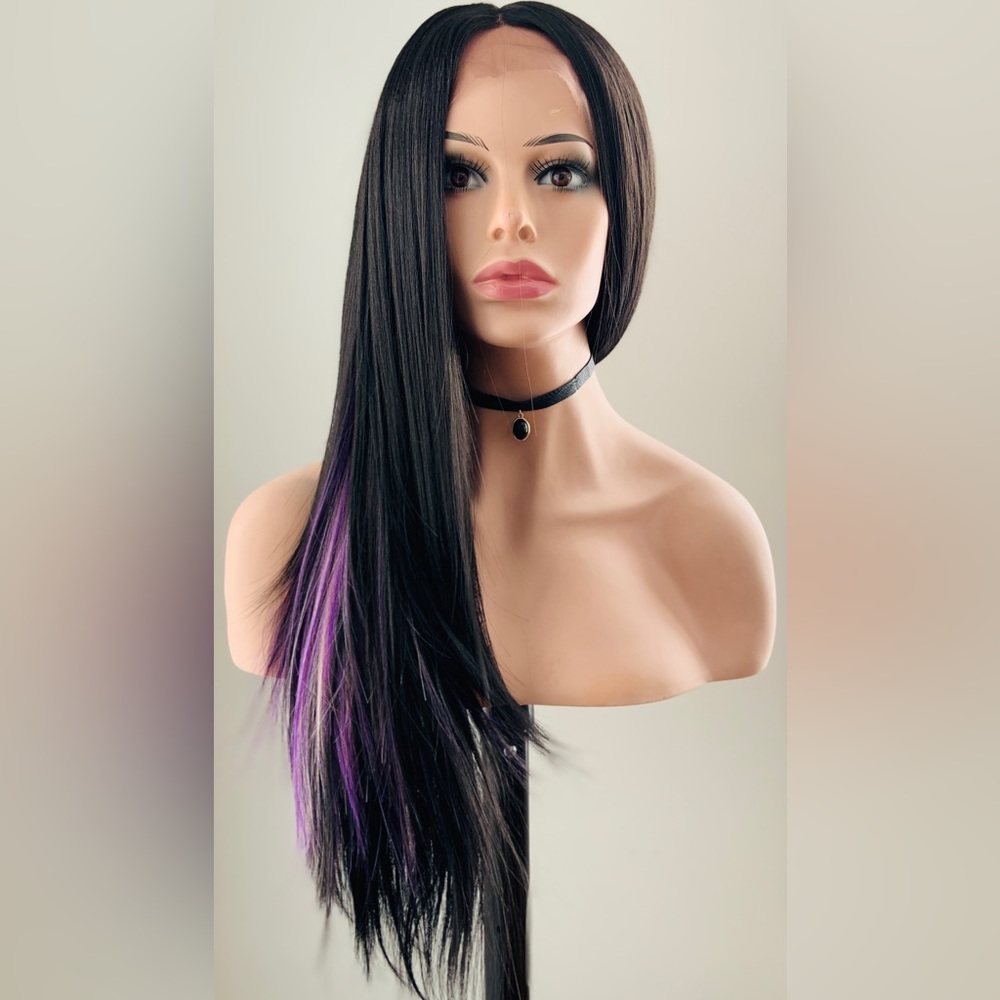 🖤💜Very Pretty Long Black/Purple/Multi Color Premium Fiber Lace Front Wig - New!